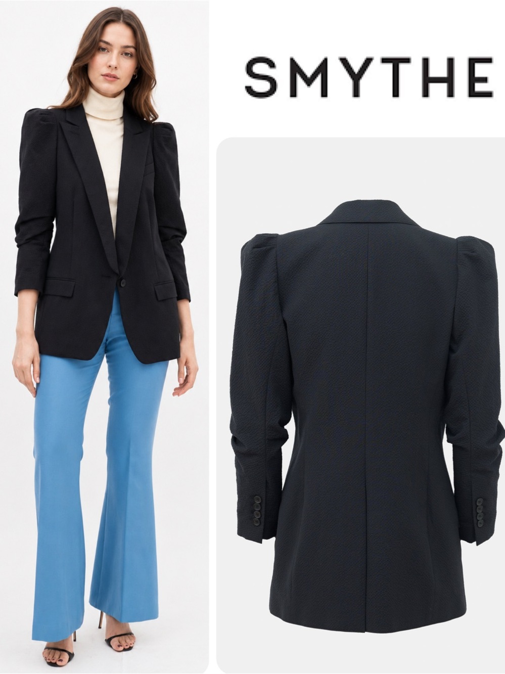 SMYTHE Black Puff-Sleeve Scrunch Sleeve Searsucker Blazer